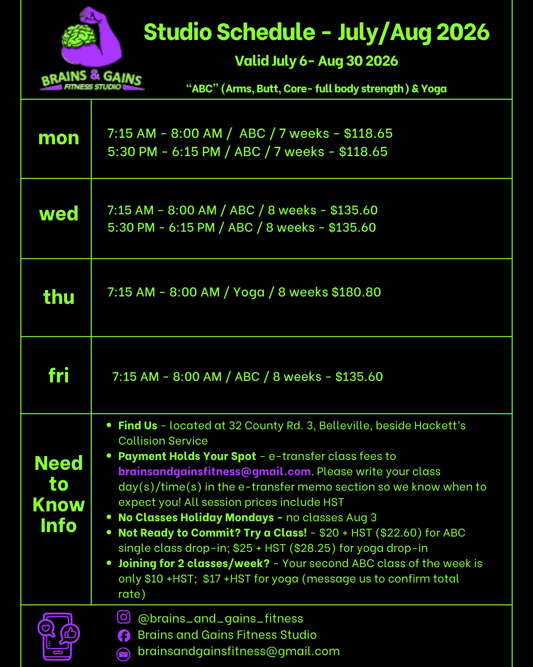 Brains & Gains Fitness Studio Belleville July August 2026 group fitness class schedule